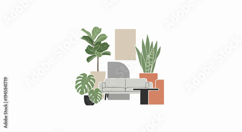 Modern minimalist living room with plants and neutral furniture