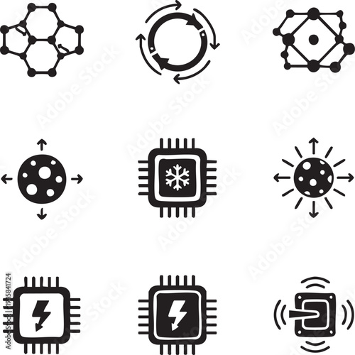 High Tech Engineering and Quantum Physics Hardware Icons Silhouettes
