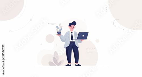 Man with glasses, suit, holding a laptop and plant