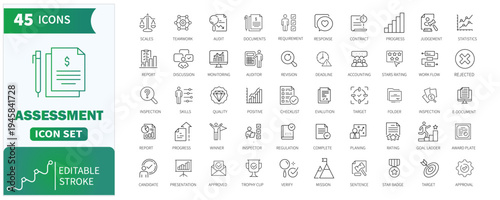 Assessing and evaluating business progress with a comprehensive set of outline icons