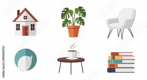 Cozy home icons house, plant, chair, chat bubble, coffee, stack of books