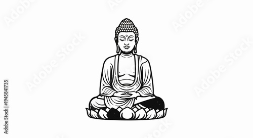 Monochromatic illustration of Buddha seated cross-legged on a lotus flower