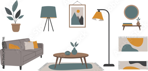 Cozy living room with furniture, plants, lamps, and abstract art