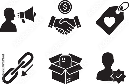 Influencer Marketing and Brand Partnership Business Icons Silhouettes