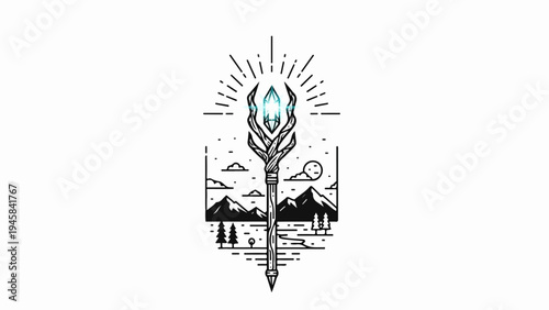 Mystical staff with crystal and mountainous landscape scene