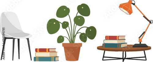 Minimalist indoor scene with a chair, plant, books, and desk lamp