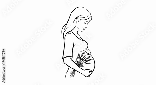 Pregnant woman with belly adorned by lavender sprigs