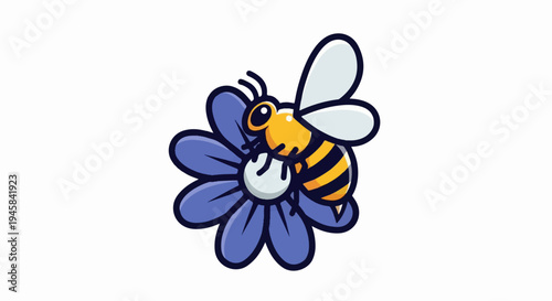 Cute cartoon bee with striped body gathering nectar from a purple flower