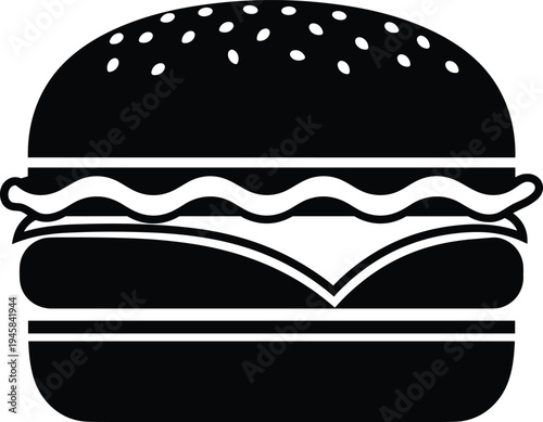 Burger silhouette icon isolated on white, fast food vector illustration, cheeseburger with sesame seeds, delicious hamburger flat design, snack symbol.