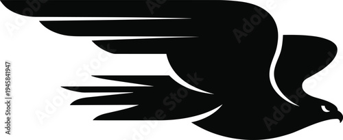 Black hawk silhouette flying fast, aerodynamic eagle vector icon, minimalist bird of prey logo for sports branding and delivery services.