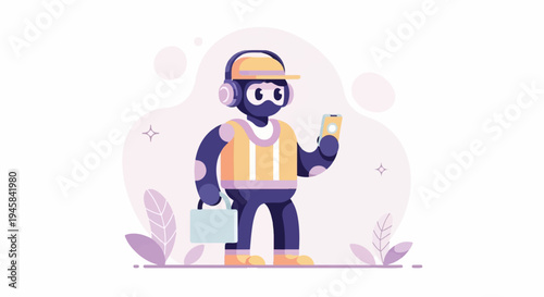 Robot worker with headphones, phone, and toolbox, stylized
