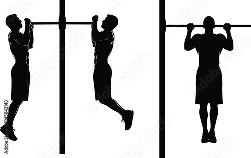 Vector Silhouette Illustration of a Strong Man Performing Pull-ups and Chin-ups on a Horizontal Bar, Athletic Workout and Fitness Exercises