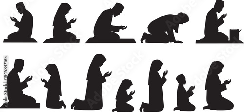 Vector silhouettes portraying Muslim individuals of various ages, including men, women, and children, engaged in different postures of devout Islamic prayer and worship