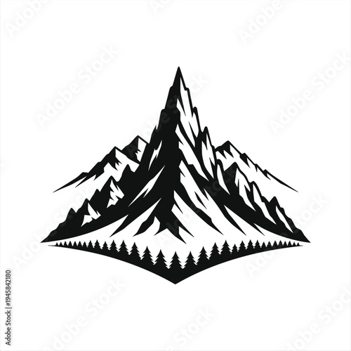 A stunning black and white illustration of a majestic mountain range with trees