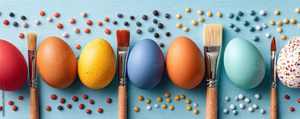 Fototapeta premium Colorful Easter eggs being painted with brushes and glitter for spring craft celebration
