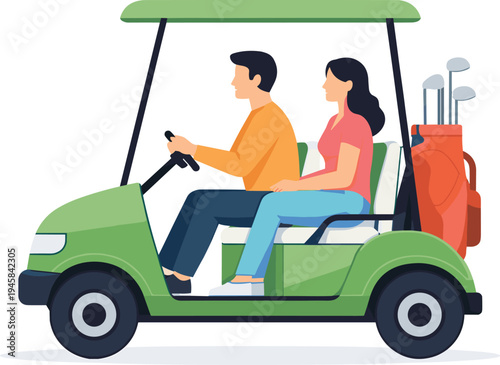 couple, riding, golf, cart, golf, course, players, leisure, sport, equipment, clubs, bag, green, vehicle, outdoor, recreation, partnership, activity, illustration, vector