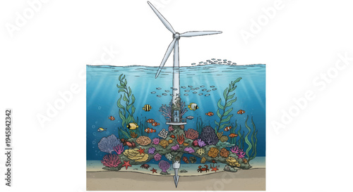 Underwater wind turbine with colorful coral reef ecosystem