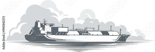 Large cargo ship sailing through stylized clouds and choppy water