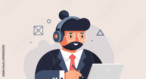 Modern businessman in suit with headphones, glasses, and laptop, working