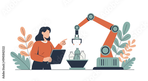 Woman Operating Industrial Robot Arm Machine.