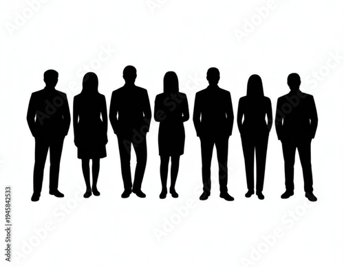 Group of eight people standing side by side in uniform silhouette style