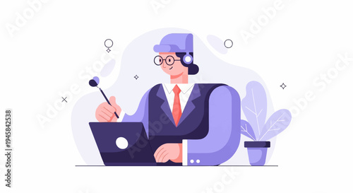 Person in suit with headphones and laptop, holding a stylus