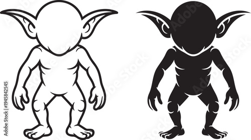 Goblin silhouette & outline set isolated on transparent background