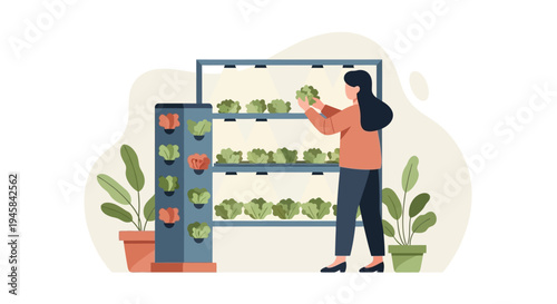 Woman tending plants in vertical farm garden.