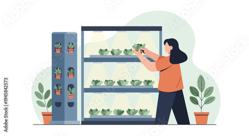 Woman Tending Plants in Vertical Farm.