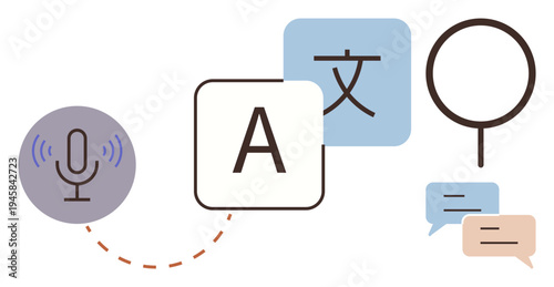 Language learning, digital tools, speech recognition, global communication, text conversion, educational resources. Microphone, letters speech bubbles and translation icons. Language learning