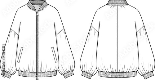 Technical CAD Drawing Flat Vector Illustration of a Women's Oversized Bomber Jacket Featuring Drop Shoulders, Balloon Sleeves, and Front Zipper Closure
