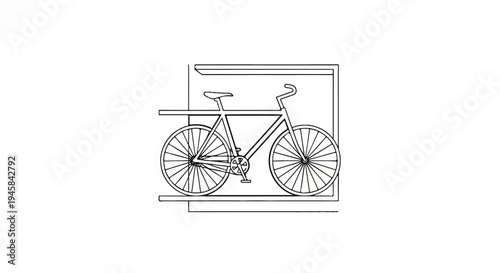 Black and white line drawing of a bicycle parked in a simple rack structure