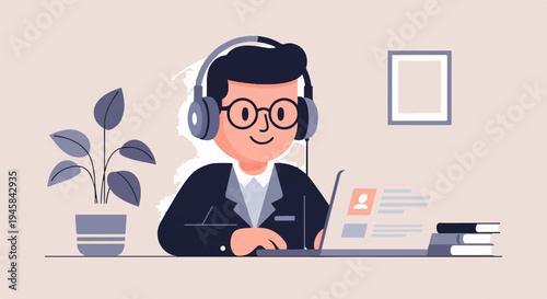 Cheerful person in headphones and glasses working on laptop at desk