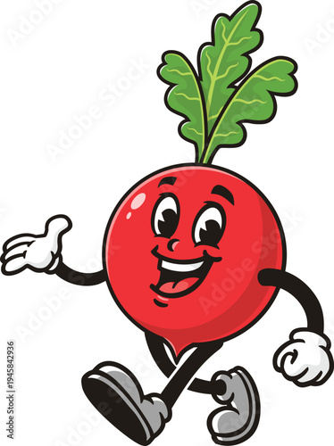 Cartoon mascot of red radish is walking