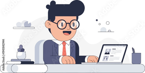 Cheerful man in suit and glasses works on a laptop at his desk