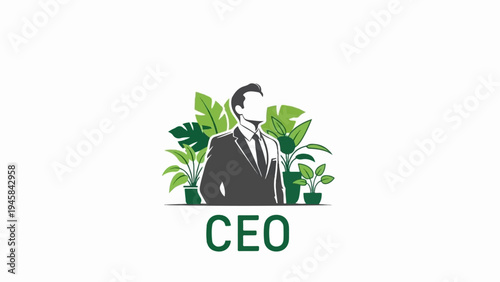 Silhouette of a businessman in a suit surrounded by lush green plants, with the word "CEO" below