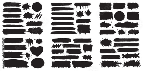 Abstract grunge paint brush stroke set. Graphic element design with ink splatter or splash, circle, line and frame. Creative vector shape or background art illustration template.