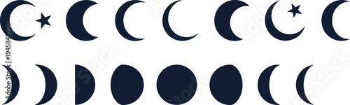 Moon phases icon set: crescent to full moon, islamic and celestial design elements, islamic symbols