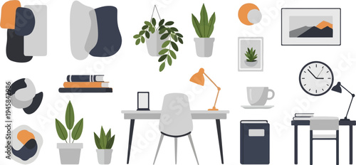 Still life of office and home decor items with plants and abstract shapes