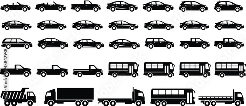 Mega collection of black vehicle silhouettes featuring various car models trucks buses and industrial transport vehicles isolated on white background,