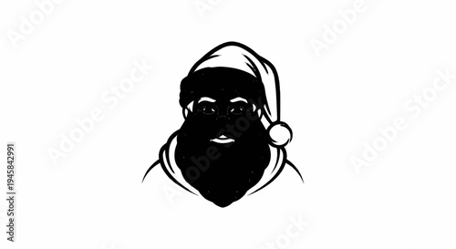 Stylized black and white sketch of a jolly bearded person in a hat