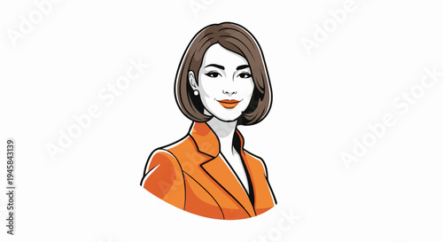 Stylized portrait of a woman in an orange suit with brown hair and pearl earring