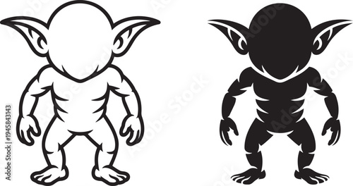Goblin silhouette & outline set isolated on transparent background