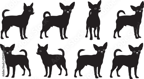 Collection of adorable Chihuahua dog silhouettes in various standing poses, perfect for pet-themed designs, animal illustrations, and canine-inspired projects requiring a minimalist graphic element
