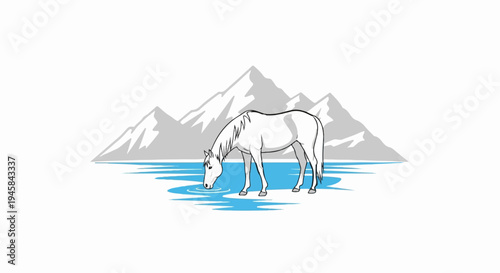 White horse drinks water in front of snow-capped mountains