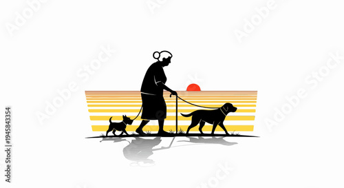 Woman walks two dogs at sunset, silhouetted