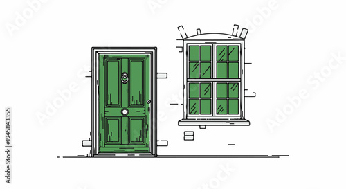 An illustration of a green door with a knocker and a window with green panes