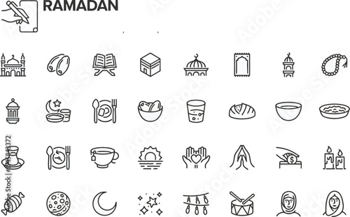 Ramadan icons collection: islamic symbols and cultural elements in line art with editable stroke