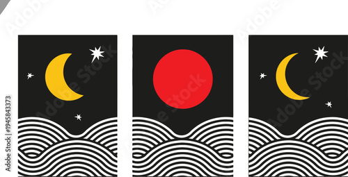 Mid century modern abstract geometric landscape with moon and sun with art print with wall art