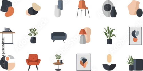 Abstract shapes, furniture, and plants in a minimalist style